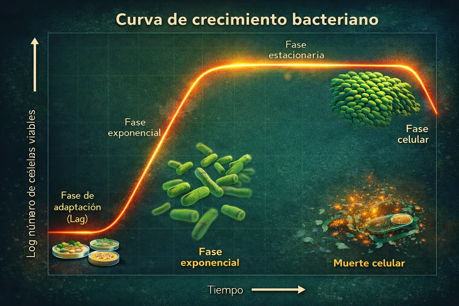 Curva de crecimiento bacteriano detallada