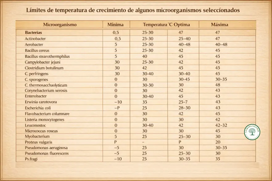 Límite de temperatura para el crecimiento de algunos microorganismos selecionados