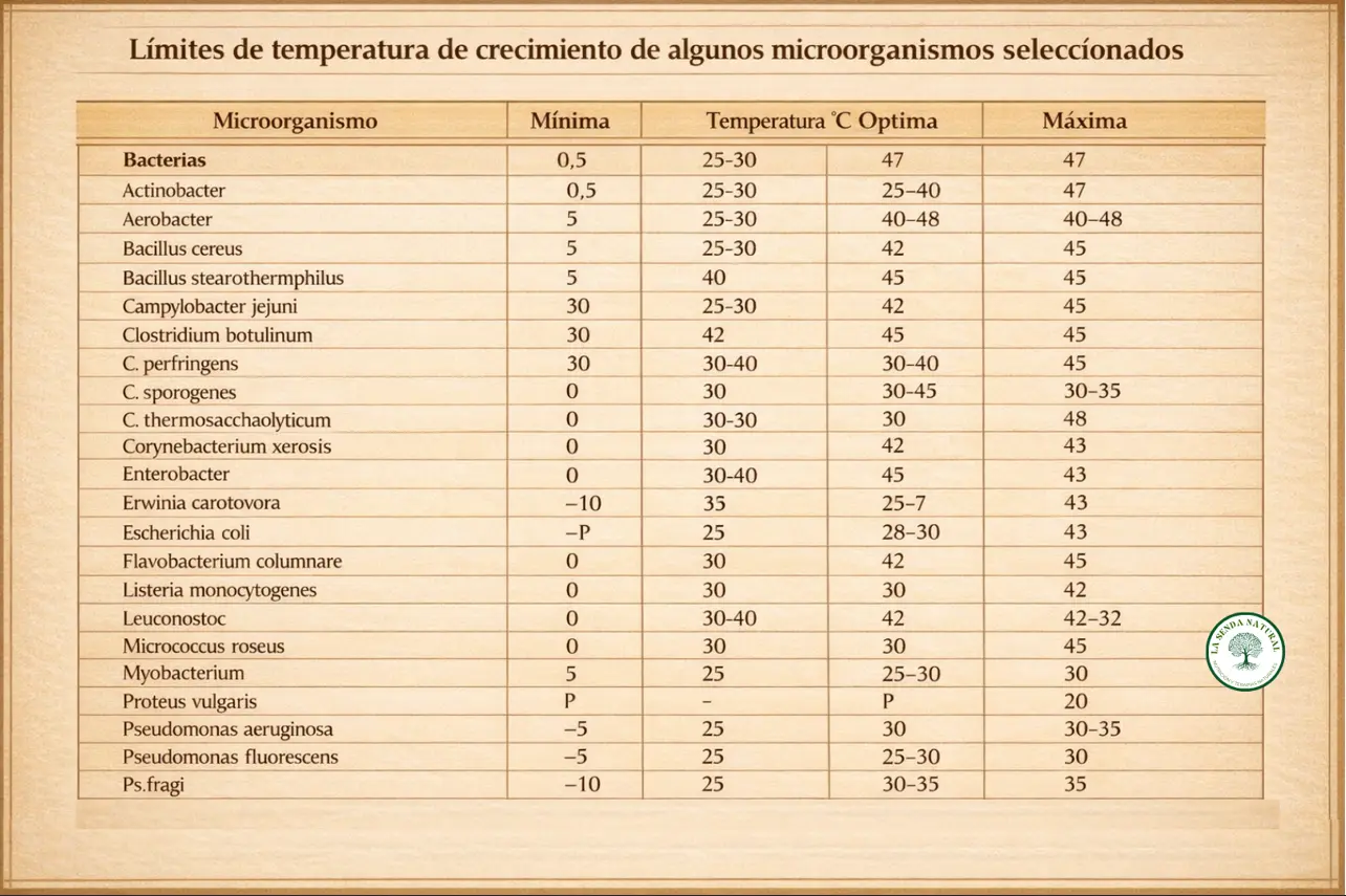 Límite de temperatura para el crecimiento de algunos microorganismos seleccionados